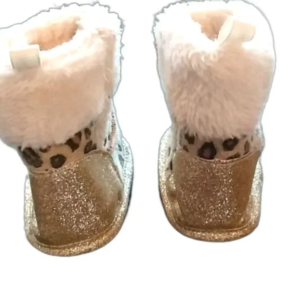 Bebe Baby size 1 infant Leopard Boots Slip On Faux Fur Trim Lined Glittery